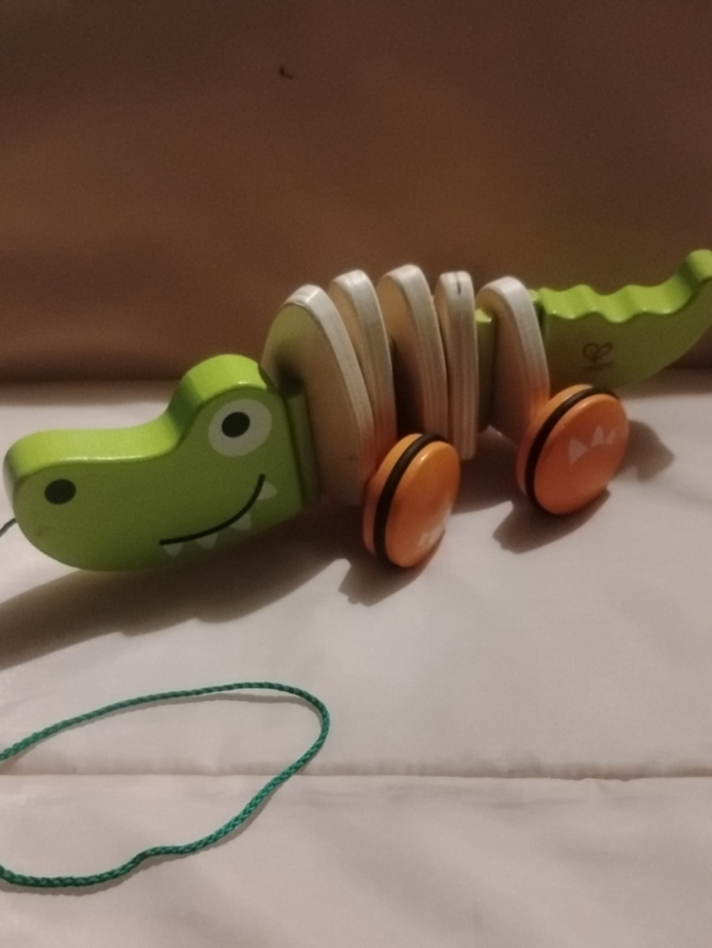 Wooden Pull-Along Crocodile Toy in Green and Orange